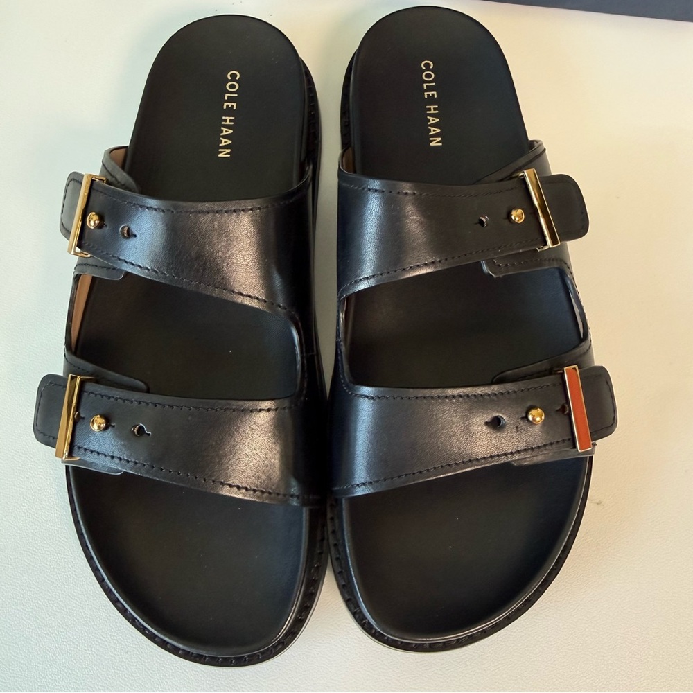 Cole Haan Marisol Footbed sandals womens size 10 black gold adjustable buckles